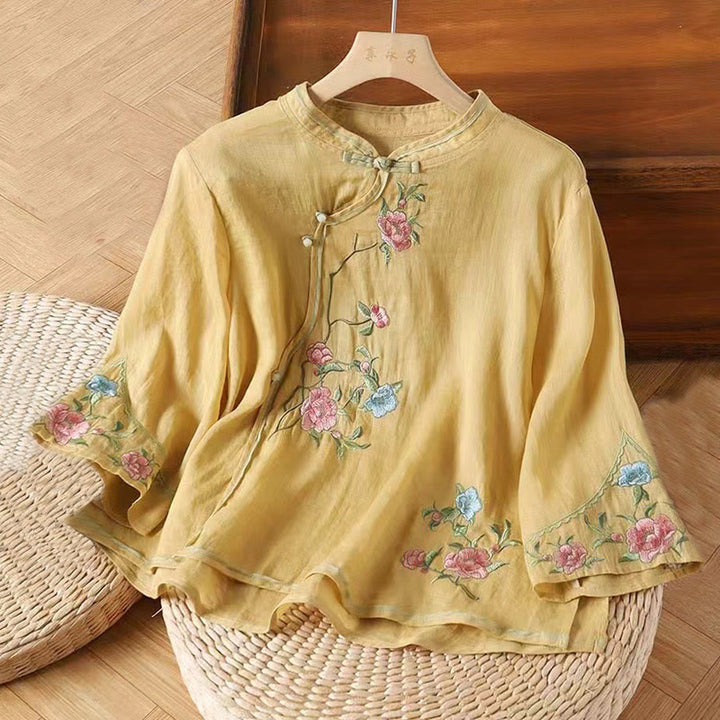 Buddha Stones Casual Vintage Embroidery Flower Pattern Chinese Frog-Button Crew Neck Design Women's Cotton Linen Shirt - Gold - US12，UK/AU16，EU44 (3XL) - image 4