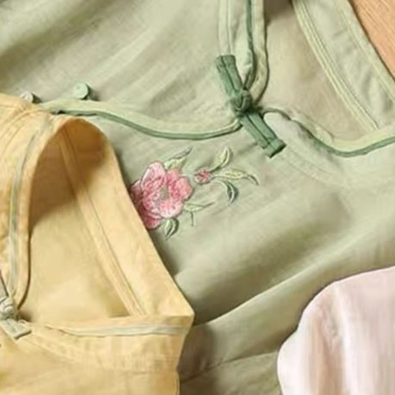 Buddha Stones Casual Vintage Embroidery Flower Pattern Chinese Frog-Button Crew Neck Design Women's Cotton Linen Shirt - image 13