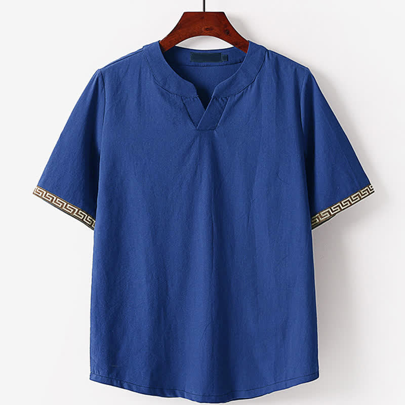 Buddha Stones Summer Embroidered Short Sleeve Notched Collar Men's Cotton Linen T-Shirt - SteelBlue - US/UK/AU56，EU66(9XL) - image 0
