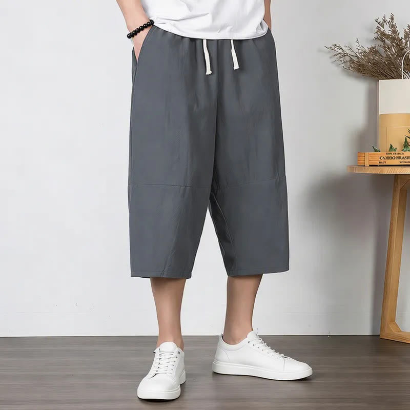 Buddha Stones Plain Drawstring Capri Length Men's Cotton Linen Harem Pants With Pockets - image 1