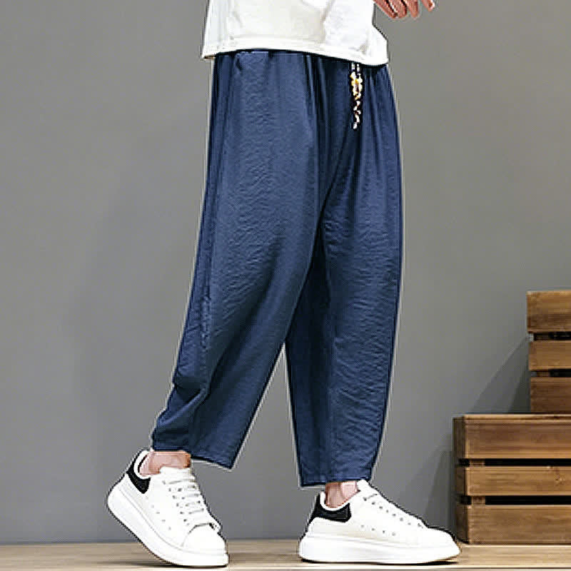 Buddha Stones Summer Casual Minimalist Drawstring Solid Cropped Pants Men's Harem Pants With Pocket - image 5