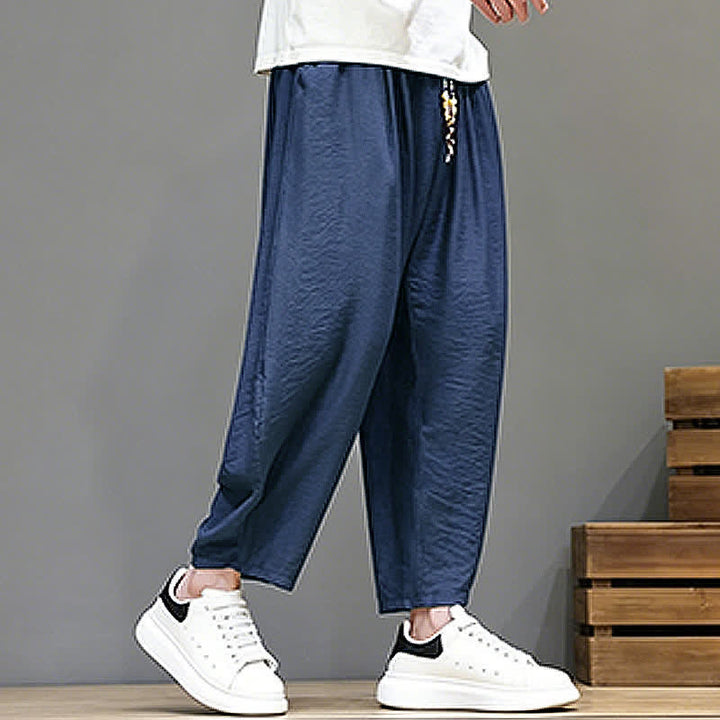 Buddha Stones Summer Casual Minimalist Drawstring Solid Cropped Pants Men's Harem Pants With Pocket - image 5