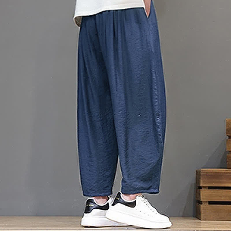 Buddha Stones Summer Casual Minimalist Drawstring Solid Cropped Pants Men's Harem Pants With Pocket - image 4