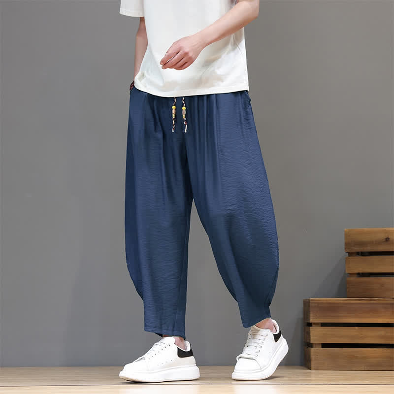 Buddha Stones Summer Casual Minimalist Drawstring Solid Cropped Pants Men's Harem Pants With Pocket - image 3