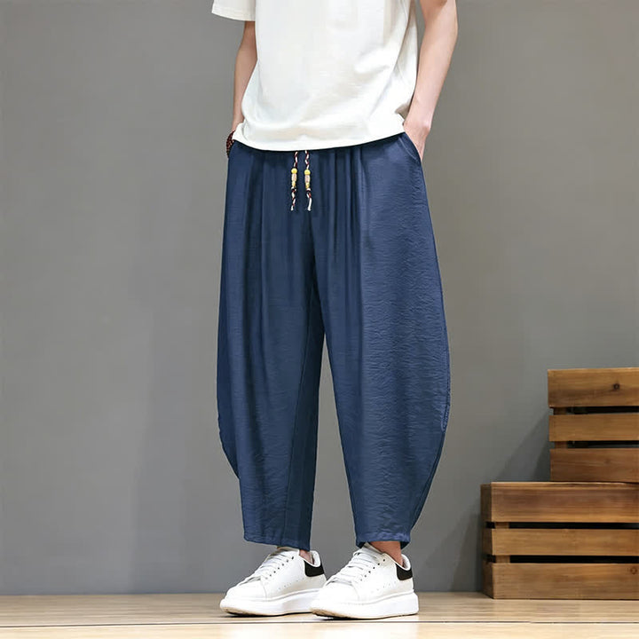 Buddha Stones Summer Casual Minimalist Drawstring Solid Cropped Pants Men's Harem Pants With Pocket - Navy - US/UK/AU46, EU56 (5XL) - image 0