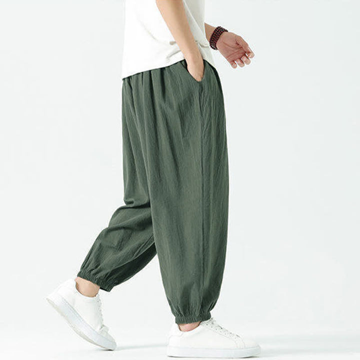 Buddha Stones Summer Casual Boho Drawstring Solid Cotton Cropped Pants Men's Harem Pants With Pocket - image 31