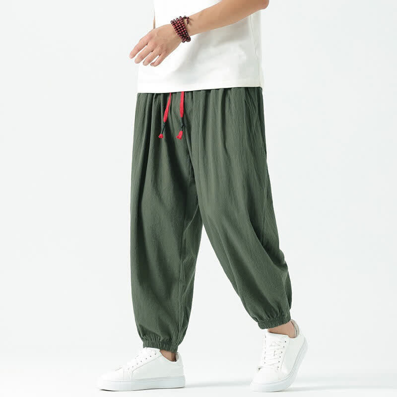 Buddha Stones Summer Casual Boho Drawstring Solid Cotton Cropped Pants Men's Harem Pants With Pocket - DarkOliveGreen - US/UK/AU46, EU56 (5XL) - image 28