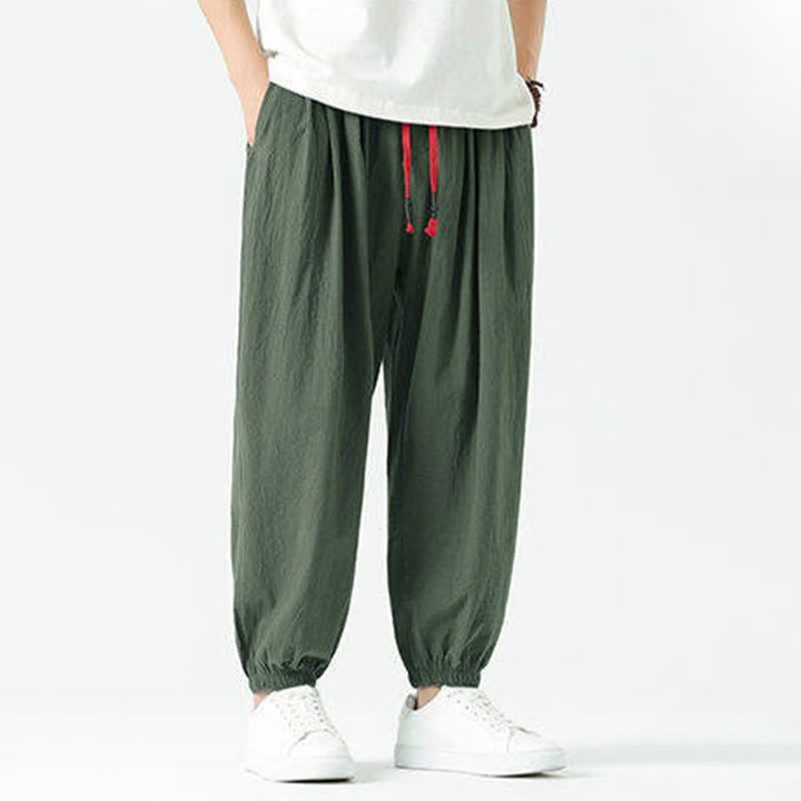 Buddha Stones Summer Casual Boho Drawstring Solid Cotton Cropped Pants Men's Harem Pants With Pocket - image 29