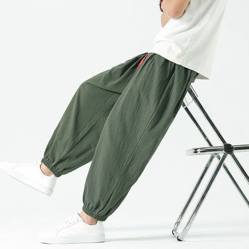 Buddha Stones Summer Casual Boho Drawstring Solid Cotton Cropped Pants Men's Harem Pants With Pocket - image 34