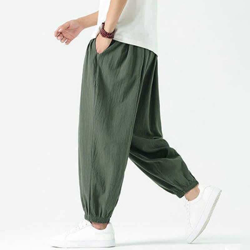 Buddha Stones Summer Casual Boho Drawstring Solid Cotton Cropped Pants Men's Harem Pants With Pocket - image 32