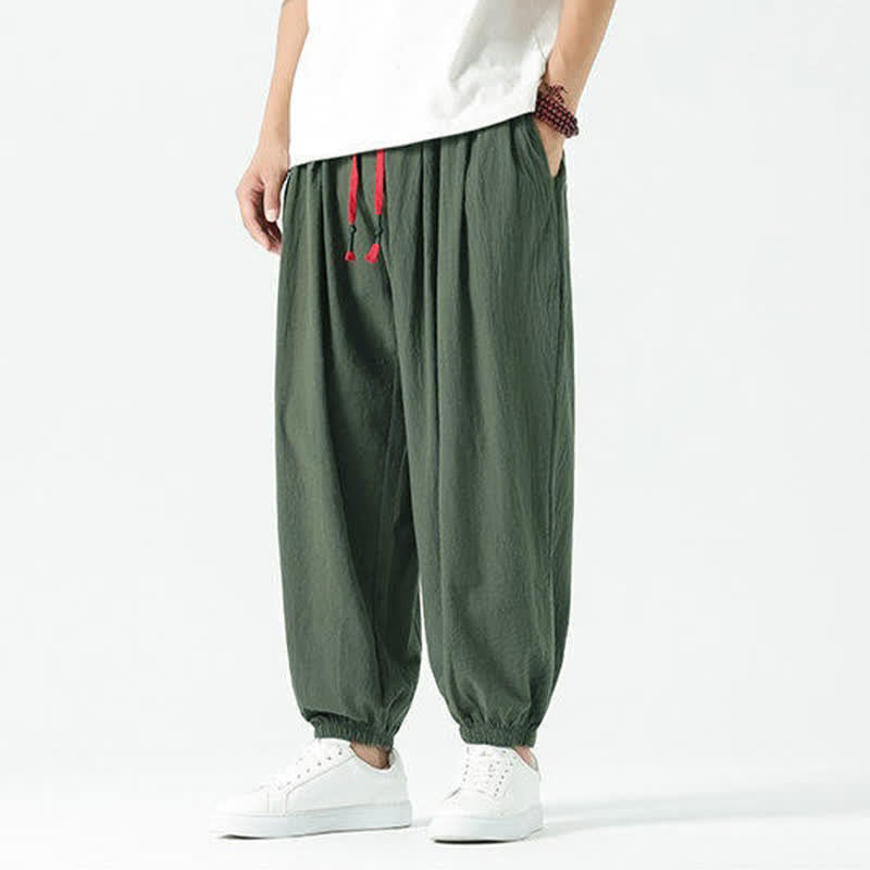 Buddha Stones Summer Casual Boho Drawstring Solid Cotton Cropped Pants Men's Harem Pants With Pocket - image 30
