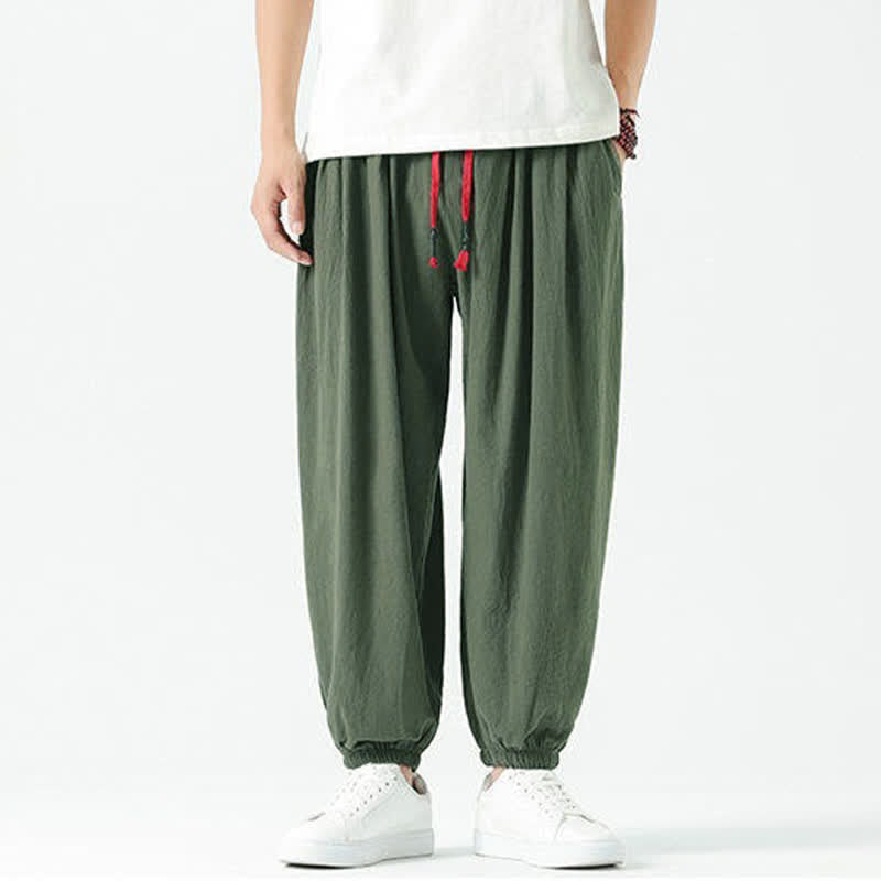 Buddha Stones Summer Casual Boho Drawstring Solid Cotton Cropped Pants Men's Harem Pants With Pocket - image 33