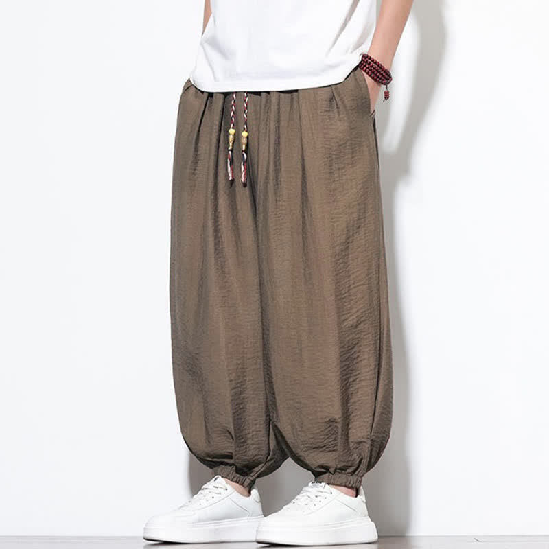 Buddha Stones Summer Casual Boho Drawstring Solid Cropped Pants Men's Harem Pants With Pocket - image 24