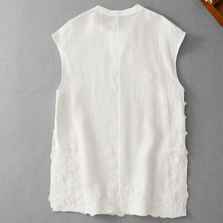 Buddha Stones Chinese Frog-Button Lace Patchwork Design Stand Collar Women's Cotton Sleeveless Vest - image 9