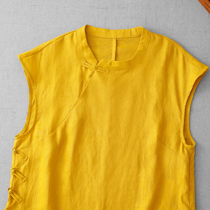 Buddha Stones Chinese Frog-Button Lace Patchwork Design Stand Collar Women's Cotton Sleeveless Vest - image 1