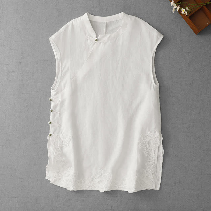 Buddha Stones Chinese Frog-Button Lace Patchwork Design Stand Collar Women's Cotton Sleeveless Vest - White - US12，UK/AU16，EU44 (2XL) - image 8