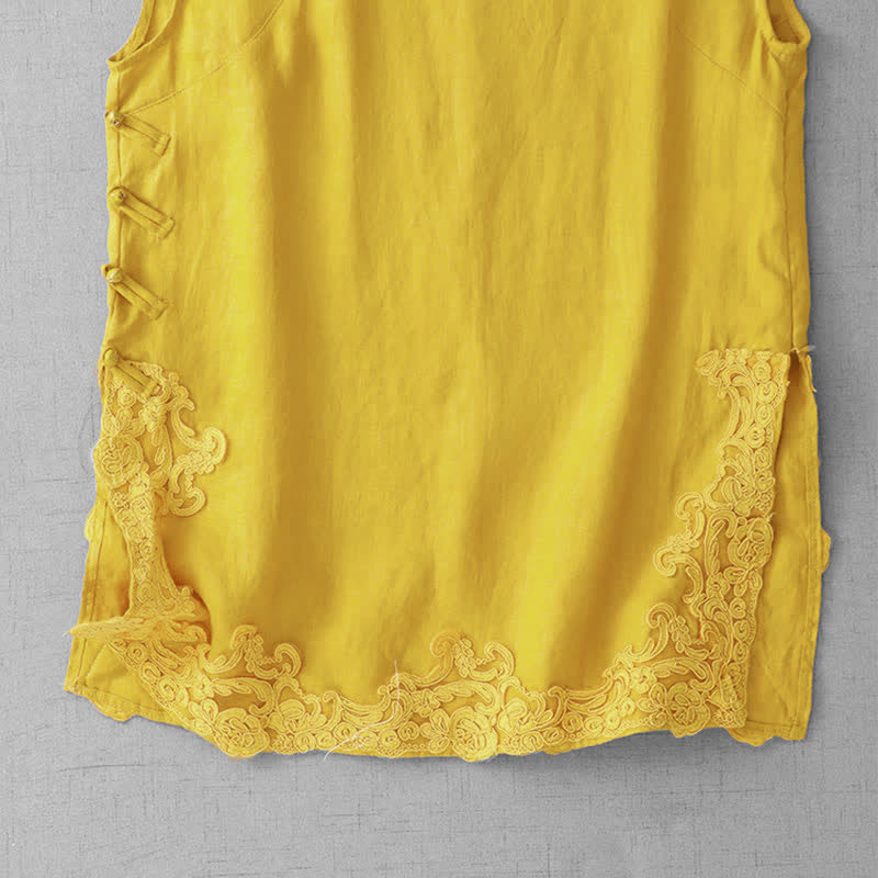 Buddha Stones Chinese Frog-Button Lace Patchwork Design Stand Collar Women's Cotton Sleeveless Vest - image 2