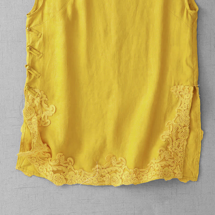 Buddha Stones Chinese Frog-Button Lace Patchwork Design Stand Collar Women's Cotton Sleeveless Vest - image 2