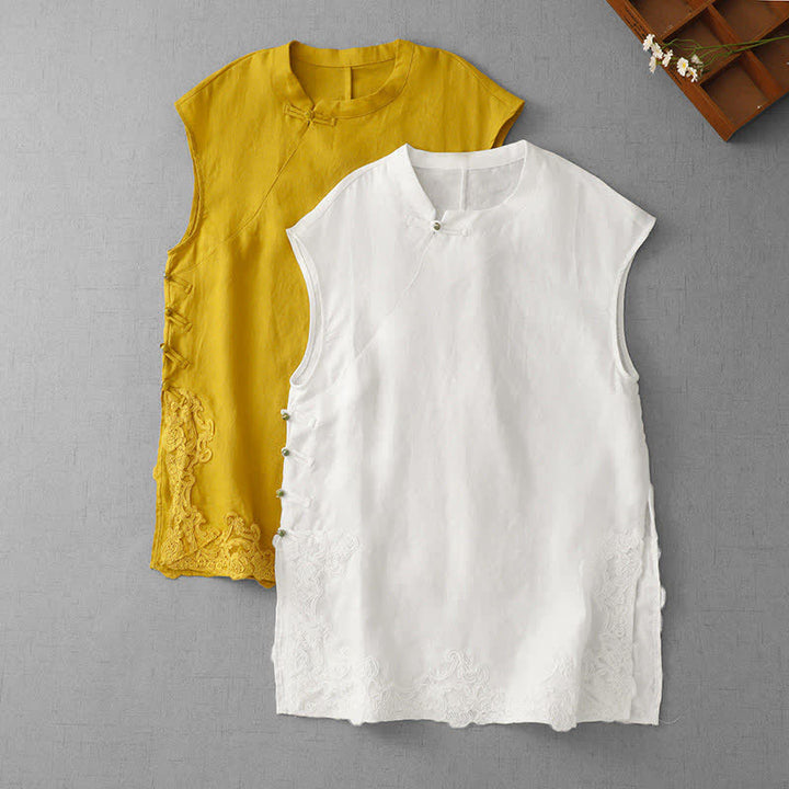 Buddha Stones Chinese Frog-Button Lace Patchwork Design Stand Collar Women's Cotton Sleeveless Vest - image 19