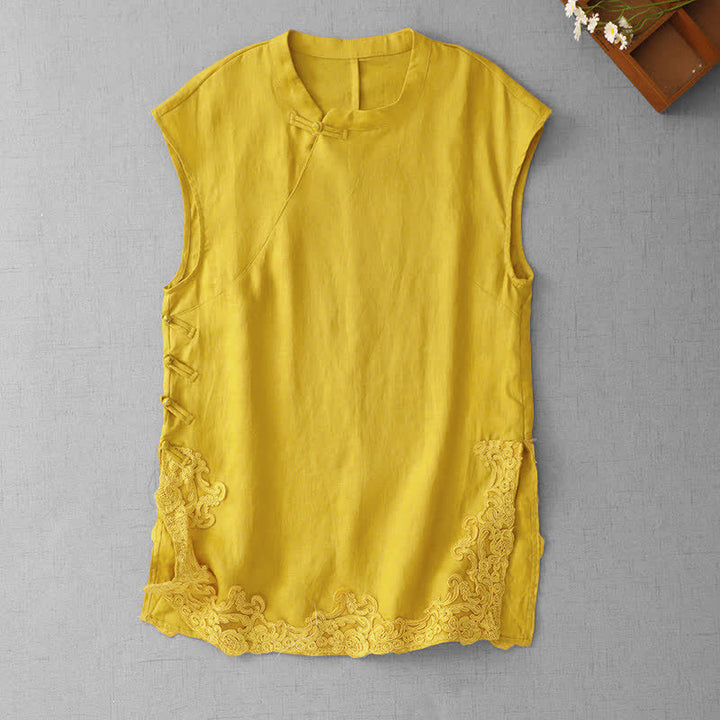 Buddha Stones Chinese Frog-Button Lace Patchwork Design Stand Collar Women's Cotton Sleeveless Vest - Gold - US12，UK/AU16，EU44 (2XL) - image 0
