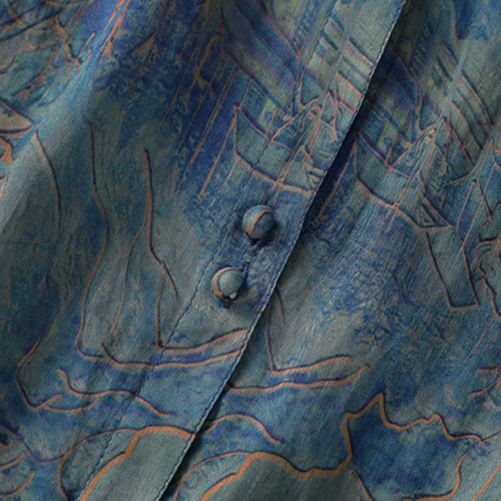 Buddha Stones Summer Floral Print Button Up Mandarin Collar Chiffon Women's Elbow-Length Sleeve Shirt - image 5