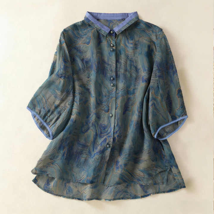 Buddha Stones Summer Floral Print Button Up Mandarin Collar Chiffon Women's Elbow-Length Sleeve Shirt - CadetBlue - US8-10，UK/AU12-14，EU40-42 (2XL) - image 0