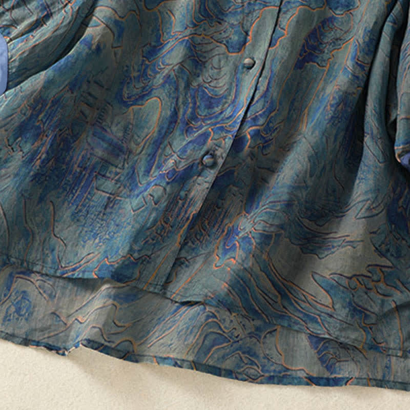 Buddha Stones Summer Floral Print Button Up Mandarin Collar Chiffon Women's Elbow-Length Sleeve Shirt - image 6