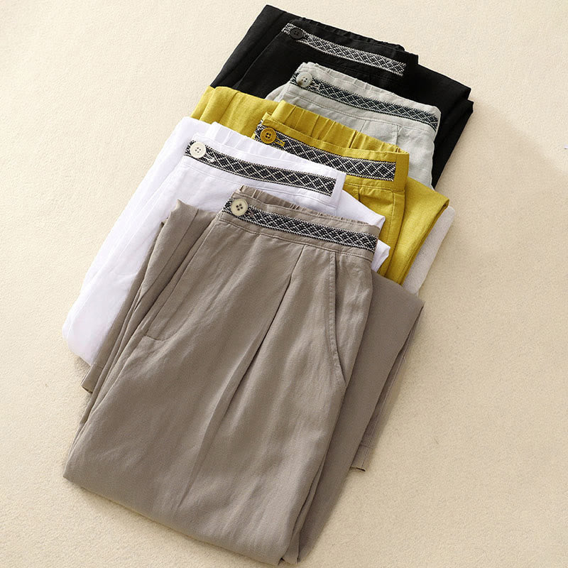 Buddha Stones Solid Color Front Button Back Elastic Women's Pants With Pockets - image 33