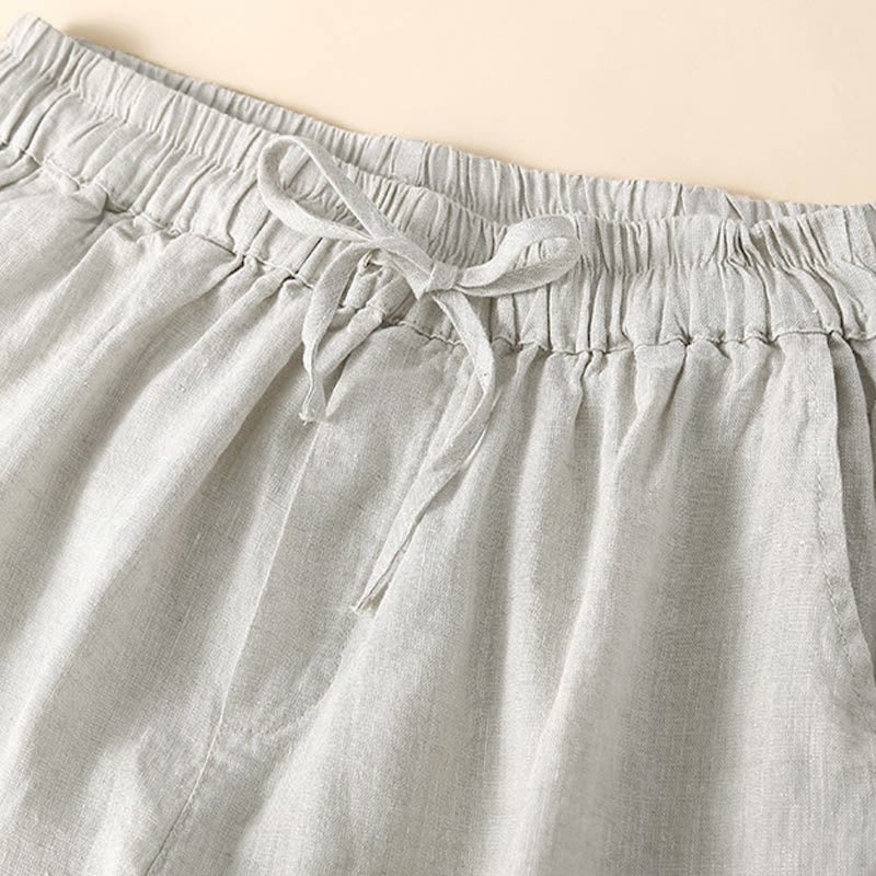 Buddha Stones Plain Color Bottom Hollow Lace Design Lace-up Cotton Women's Shorts With Pockets - image 2