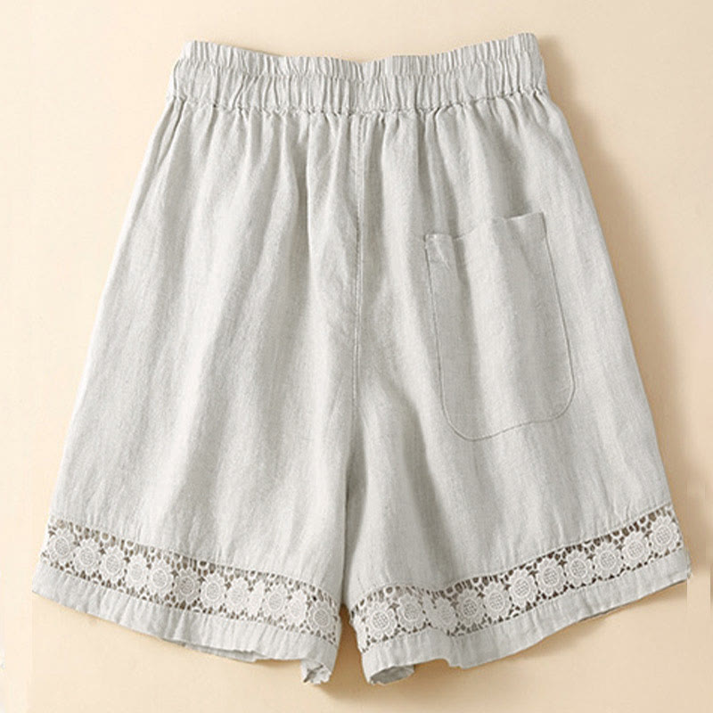 Buddha Stones Plain Color Bottom Hollow Lace Design Lace-up Cotton Women's Shorts With Pockets - image 1