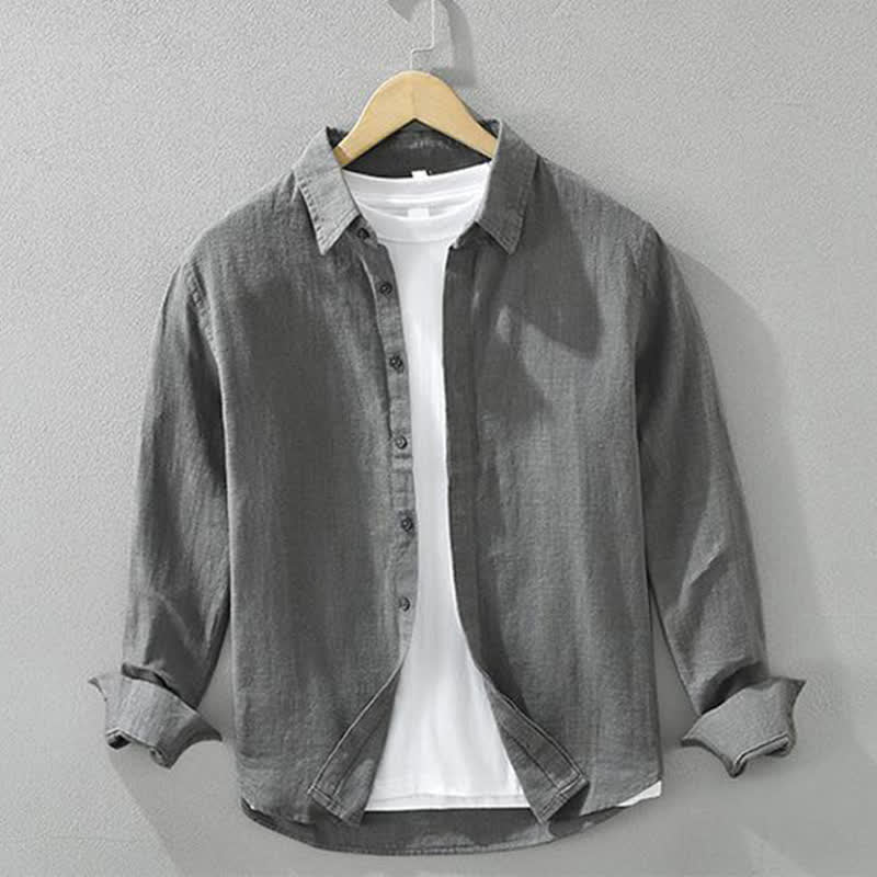 Buddha Stones Spring Fall Casual Minimalist Button-Up Solid Ramie Men's Long Sleeve Shirts - DimGray - US/UK/AU42，EU52 (3XL) - image 0