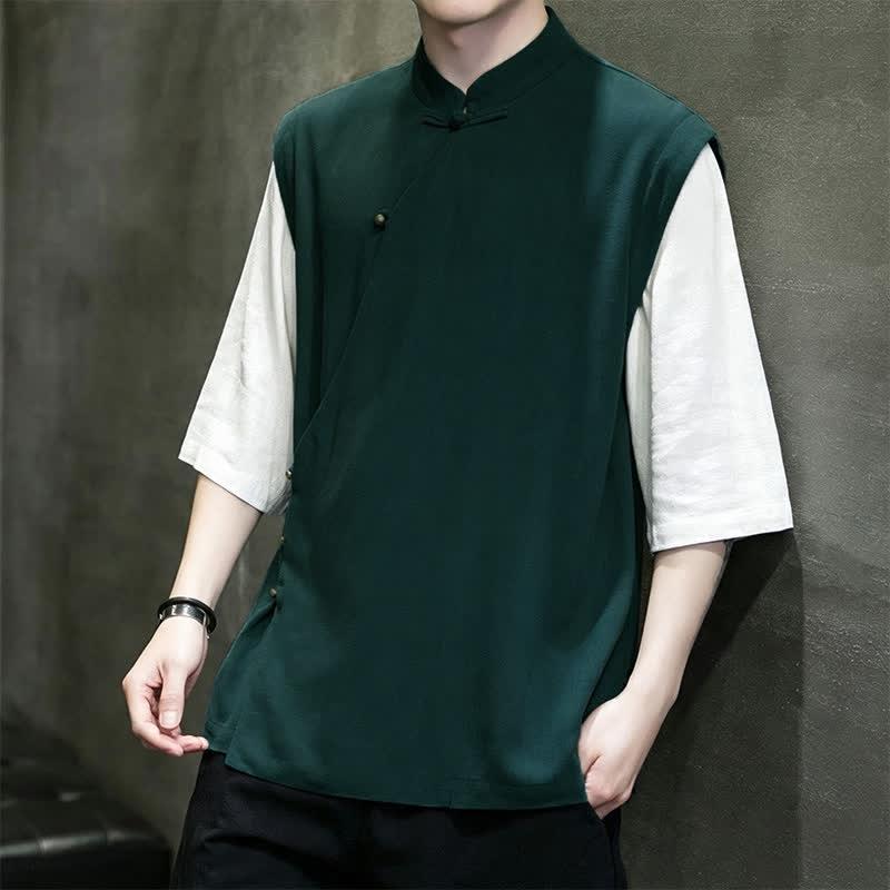 Buddha Stones Summer Tang Style Casual Mandarin Collar Frog Button Solid Tank Top Men's Short Sleeve Shirts - image 2