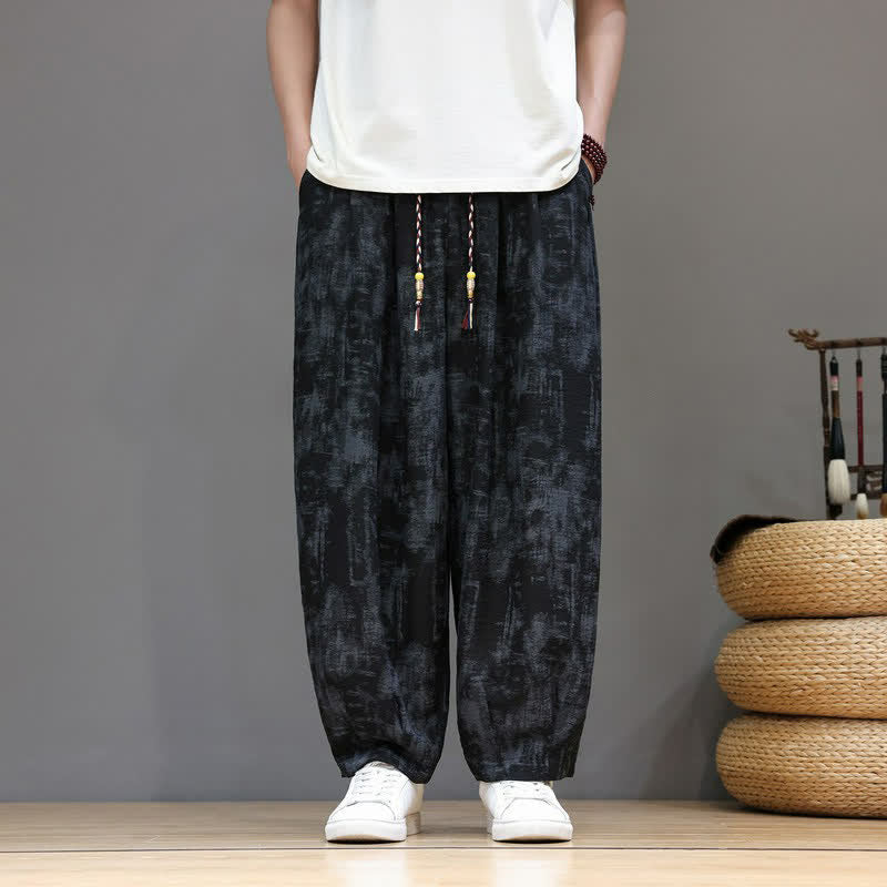 Buddha Stones Spring Summer Casual Vintage Drawstring Washed Abstract Ankle Pants Men's Straight Leg Pants With Pocket - Black - US/UK/AU52, EU62 (8XL) - image 0