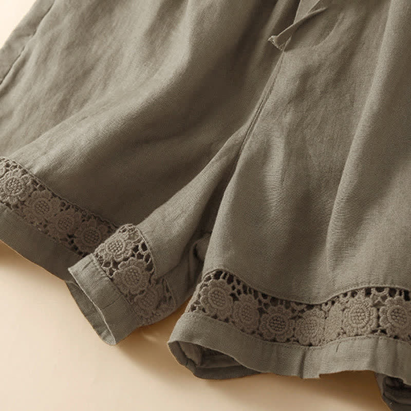 Buddha Stones Plain Color Bottom Hollow Lace Design Lace-up Cotton Women's Shorts With Pockets - image 13