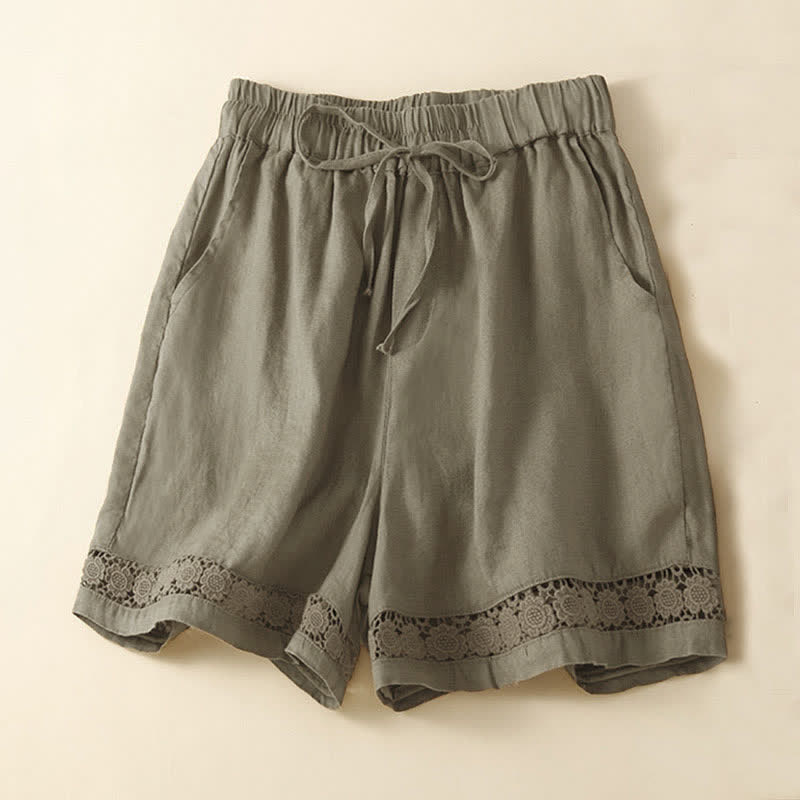 Buddha Stones Plain Color Bottom Hollow Lace Design Lace-up Cotton Women's Shorts With Pockets - Olive - US12，UK/AU16，EU44 (3XL) - image 9