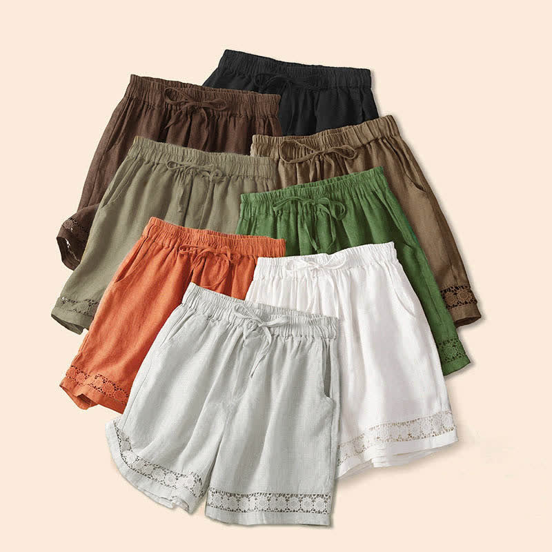 Buddha Stones Plain Color Bottom Hollow Lace Design Lace-up Cotton Women's Shorts With Pockets - image 55