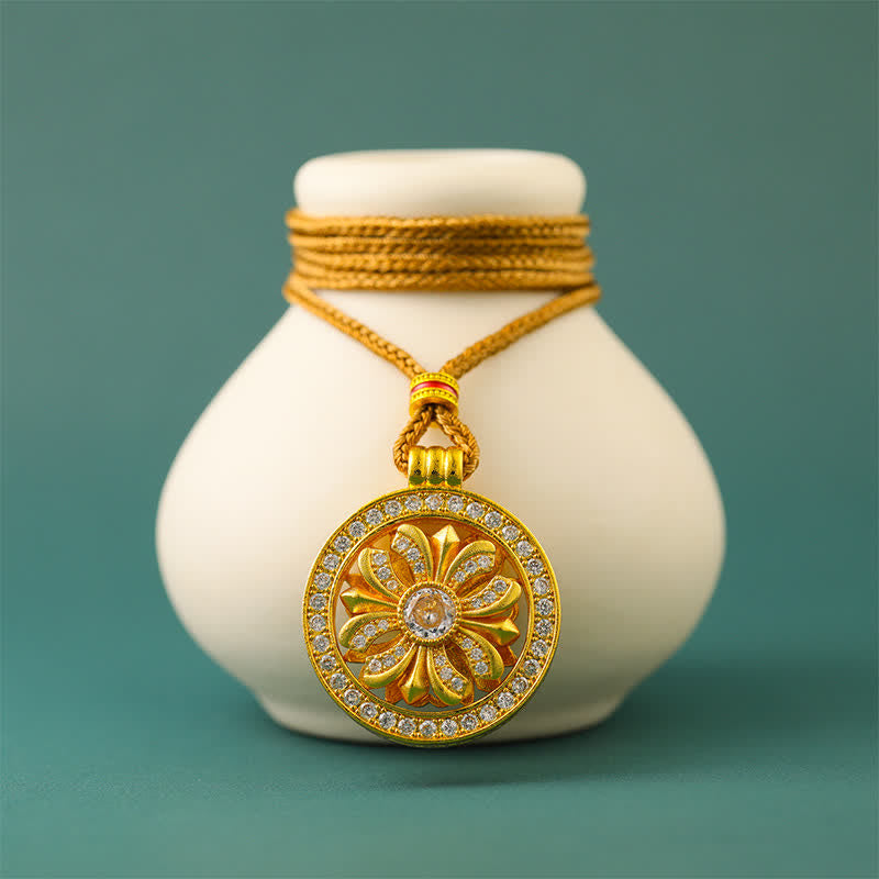 Buddha Stones Gold Plated Brass Rotating Iris Flower Round Pendant Necklace - image 3
