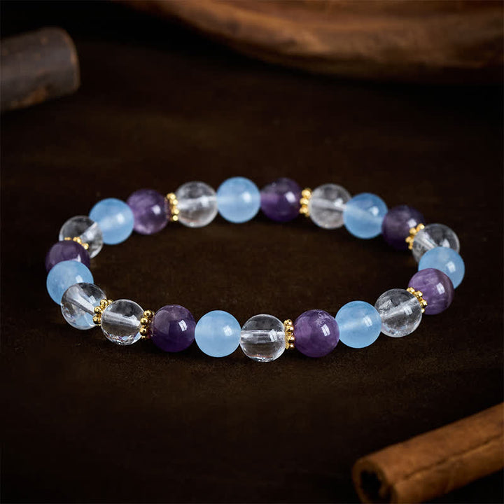 Buddha Stones Clear Quartz Amethyst Blue Chalcedony Beads Protection Bracelet - image 1