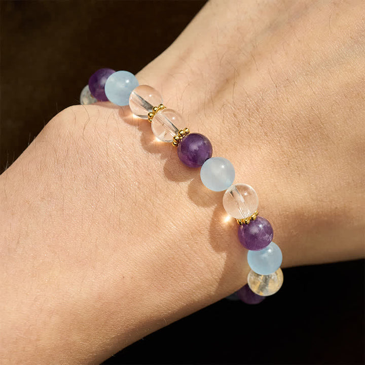 Buddha Stones Clear Quartz Amethyst Blue Chalcedony Beads Protection Bracelet - image 4