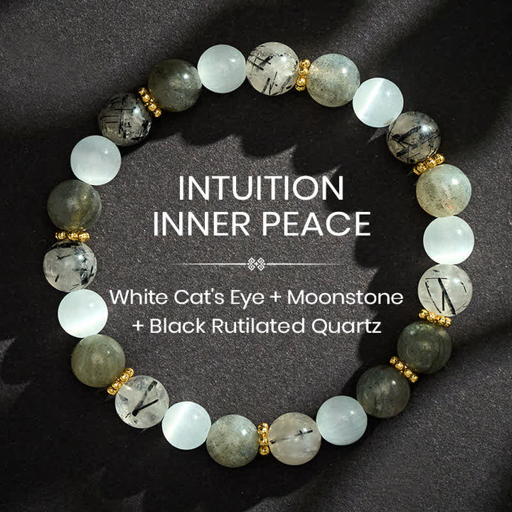 Buddha Stones White Cat's Eye Moonstone Black Rutilated Quartz Beads Abundance Bracelet - 8mm - image 0