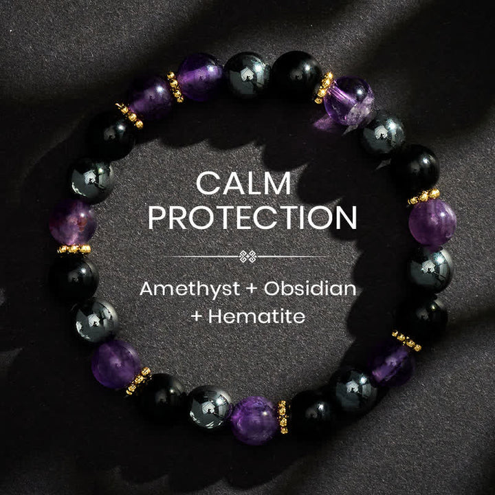 Buddha Stones Amethyst Black Obsidian Hematite Beads Meditation Bracelet - 8mm - image 0