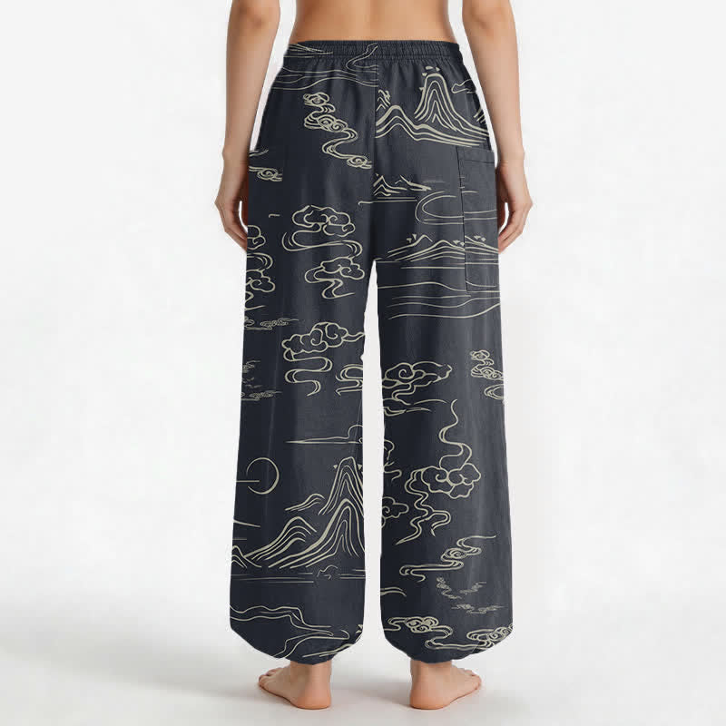 Buddha Stones Cotton Oriental Mountain Cloud Pattern Women's Elastic Waist Harem Pants With Side Pockets - image 2