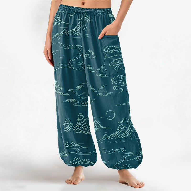 Buddha Stones Cotton Oriental Mountain Cloud Pattern Women's Elastic Waist Harem Pants With Side Pockets - Teal - US16，UK/AU20，EU48 (3XL) - image 7