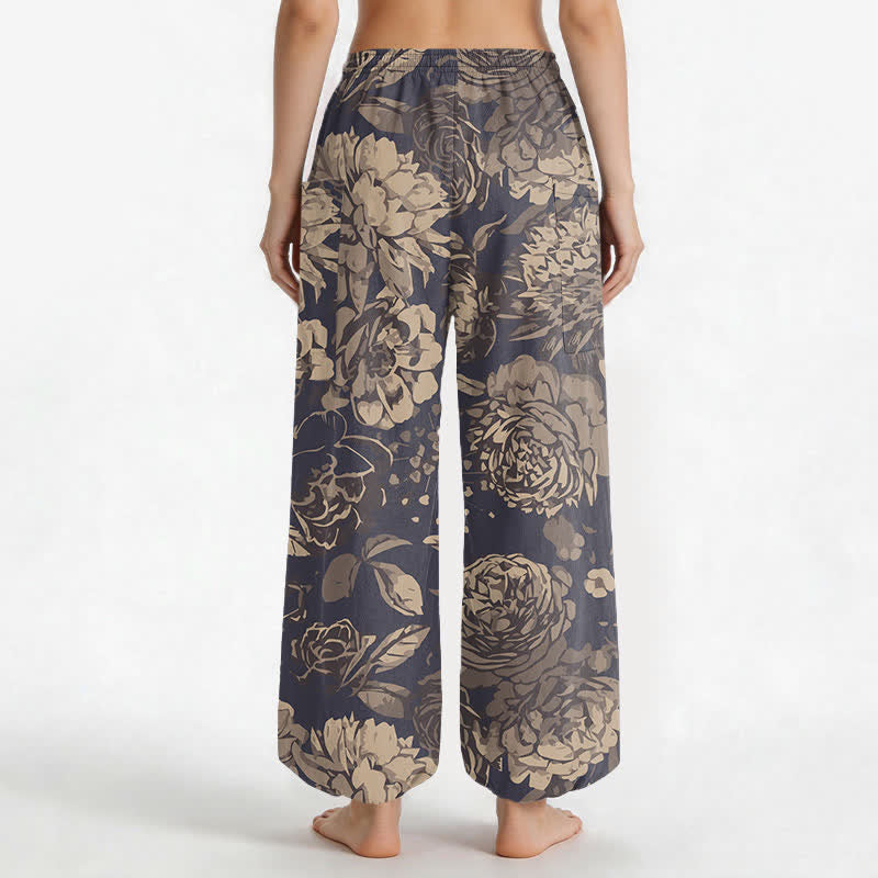 Buddha Stones Cotton Vintage Peony Chrysanthemum Floral Pattern Women's Elastic Waist Harem Pants With Side Pockets - image 2