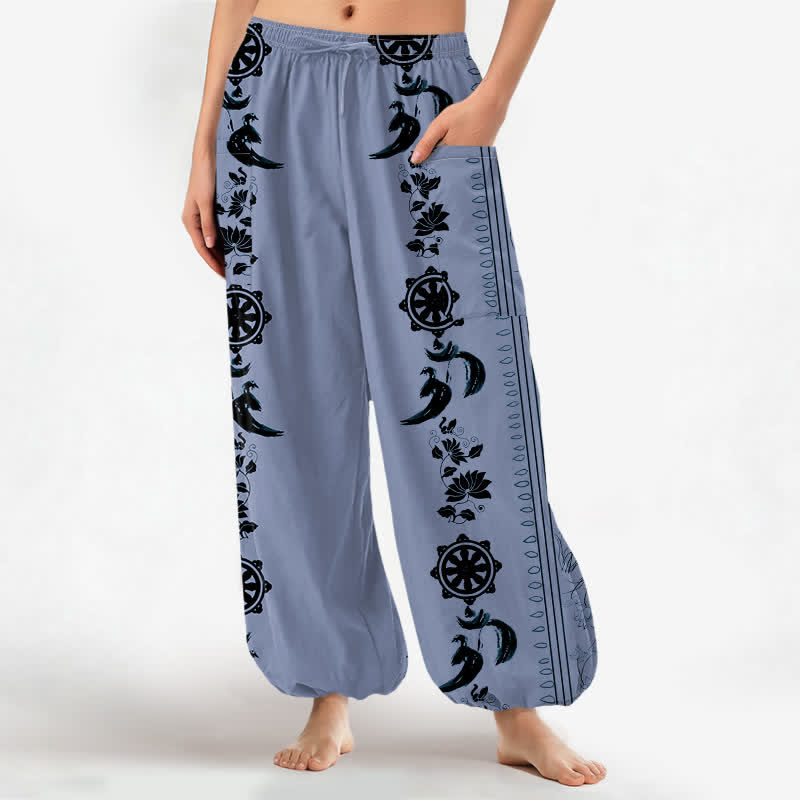 Buddha Stones Cotton Bohemian Dharma Wheel Lotus OM Stripe Pattern Women's Elastic Waist Harem Pants With Side Pockets - LightSteelBlue - US16，UK/AU20，EU48 (3XL) - image 0
