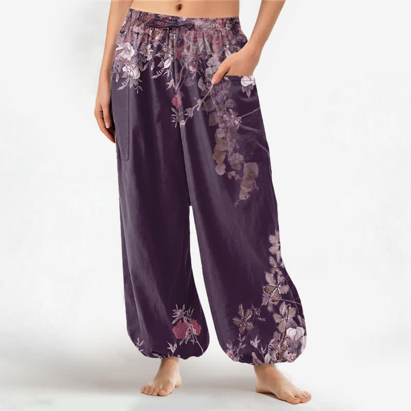 Buddha Stones Cotton Vintage Red Peony Flower Vine Pattern Women's Elastic Waist Harem Pants With Side Pockets - Purple - US16，UK/AU20，EU48 (3XL) - image 8