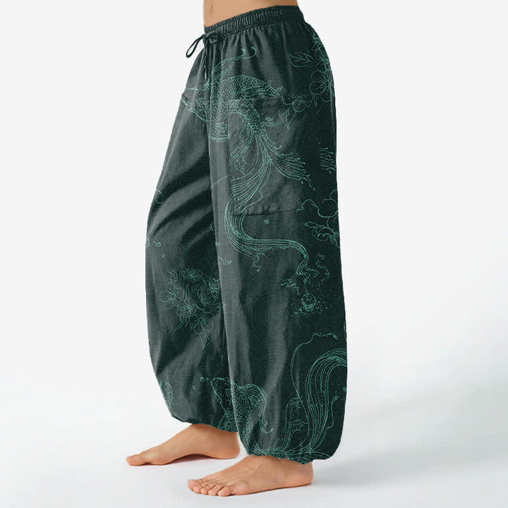 Buddha Stones Cotton Koi Fish Floral Pattern Women's Elastic Waist Harem Pants With Side Pockets - image 11