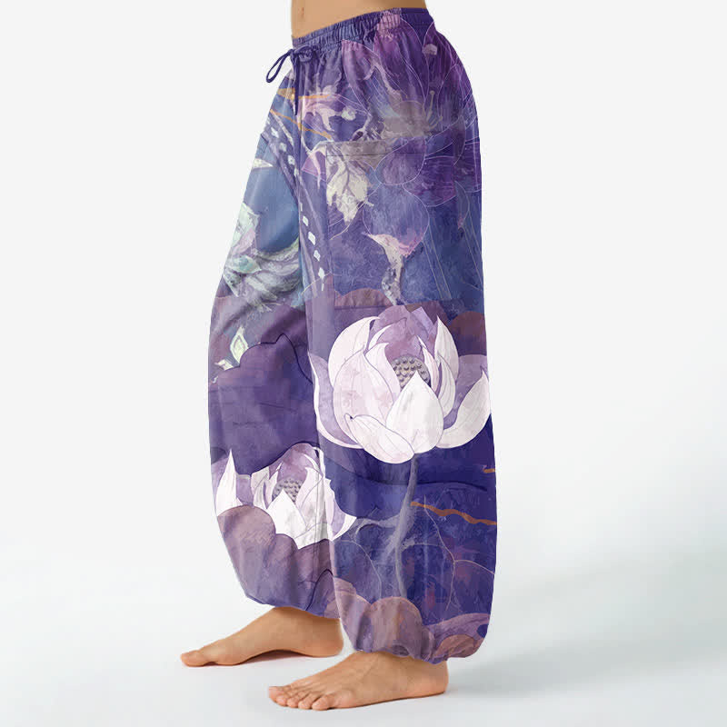 Buddha Stones Cotton White Lotus Leaf Pattern Women's Elastic Waist Harem Pants With Side Pockets - image 11