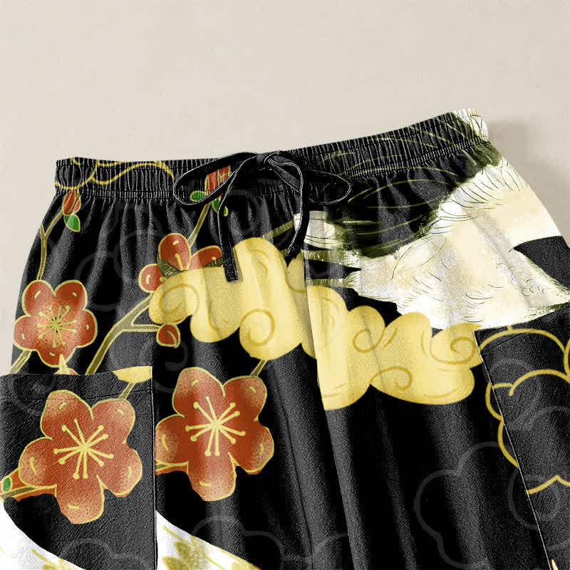 Buddha Stones Cotton Oriental Crane Blossom Cloud Pattern Women's Elastic Waist Harem Pants With Side Pockets - image 5