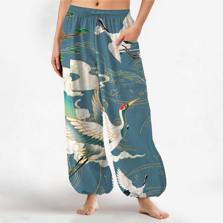 Buddha Stones Cotton Oriental Crane Wave Pattern Women's Elastic Waist Harem Pants With Side Pockets - CadetBlue - US16，UK/AU20，EU48 (3XL) - image 7